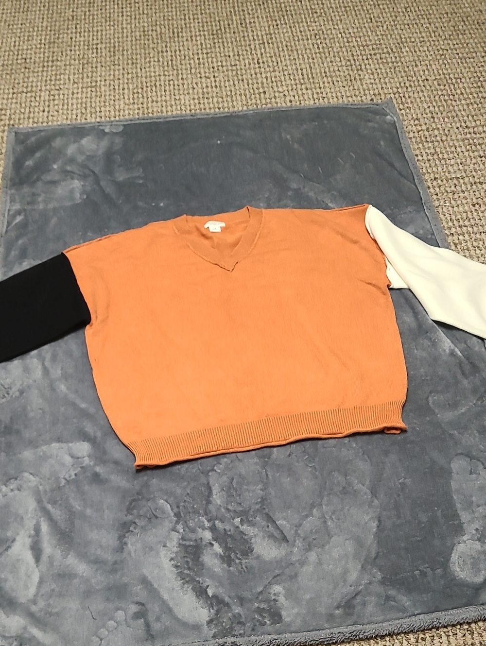 Women’s Orange V-Neck Sweater with Contrast Sleeves